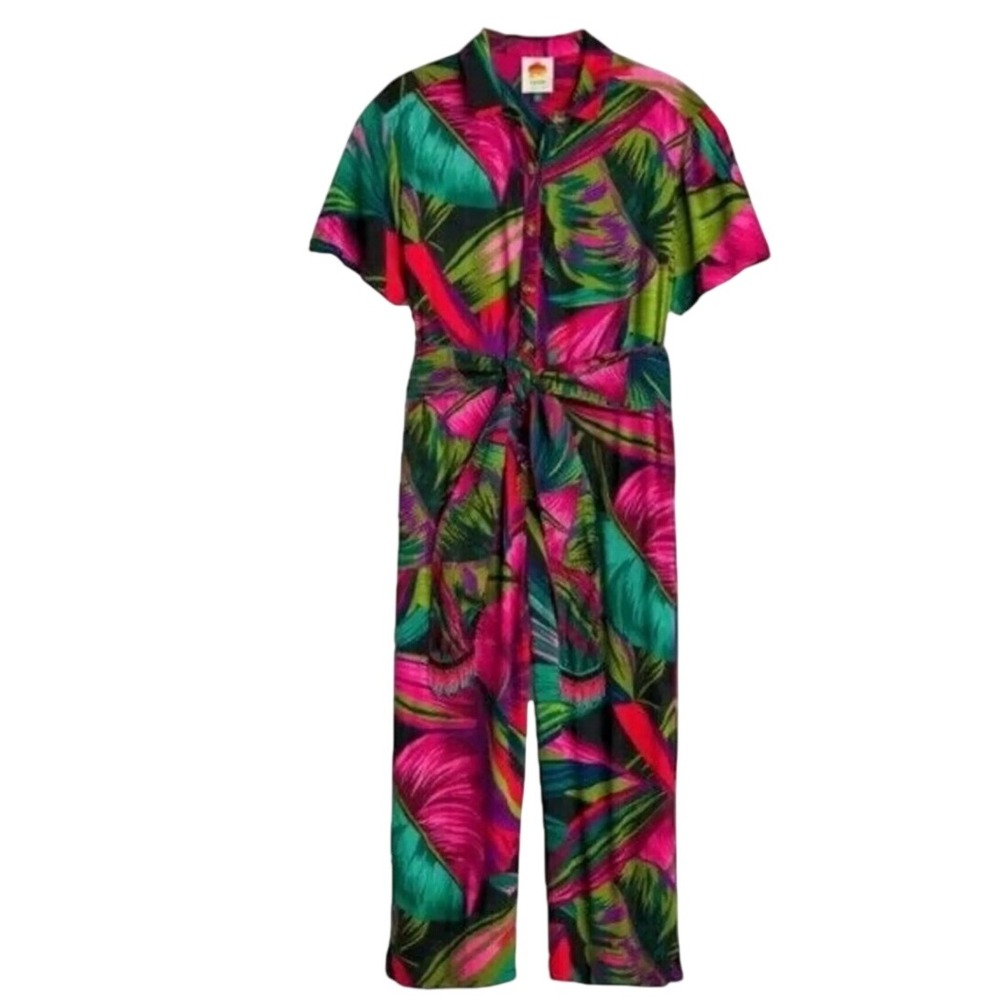 Farm Rio Tropical Leaf Print Jumpsuit Size M Multicolor Belted Button Front